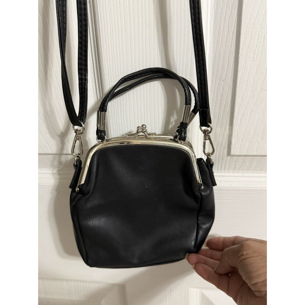 Vintage Style Black Frame Handbag Kiss Lock Top Handle Crossbody Shoulder